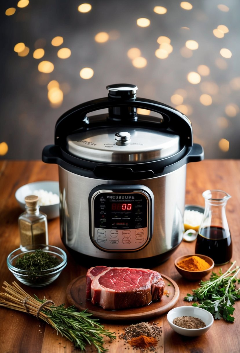 A pressure cooker surrounded by ingredients for balsamic glazed sirloin steak, including herbs, spices, and a juicy cut of meat