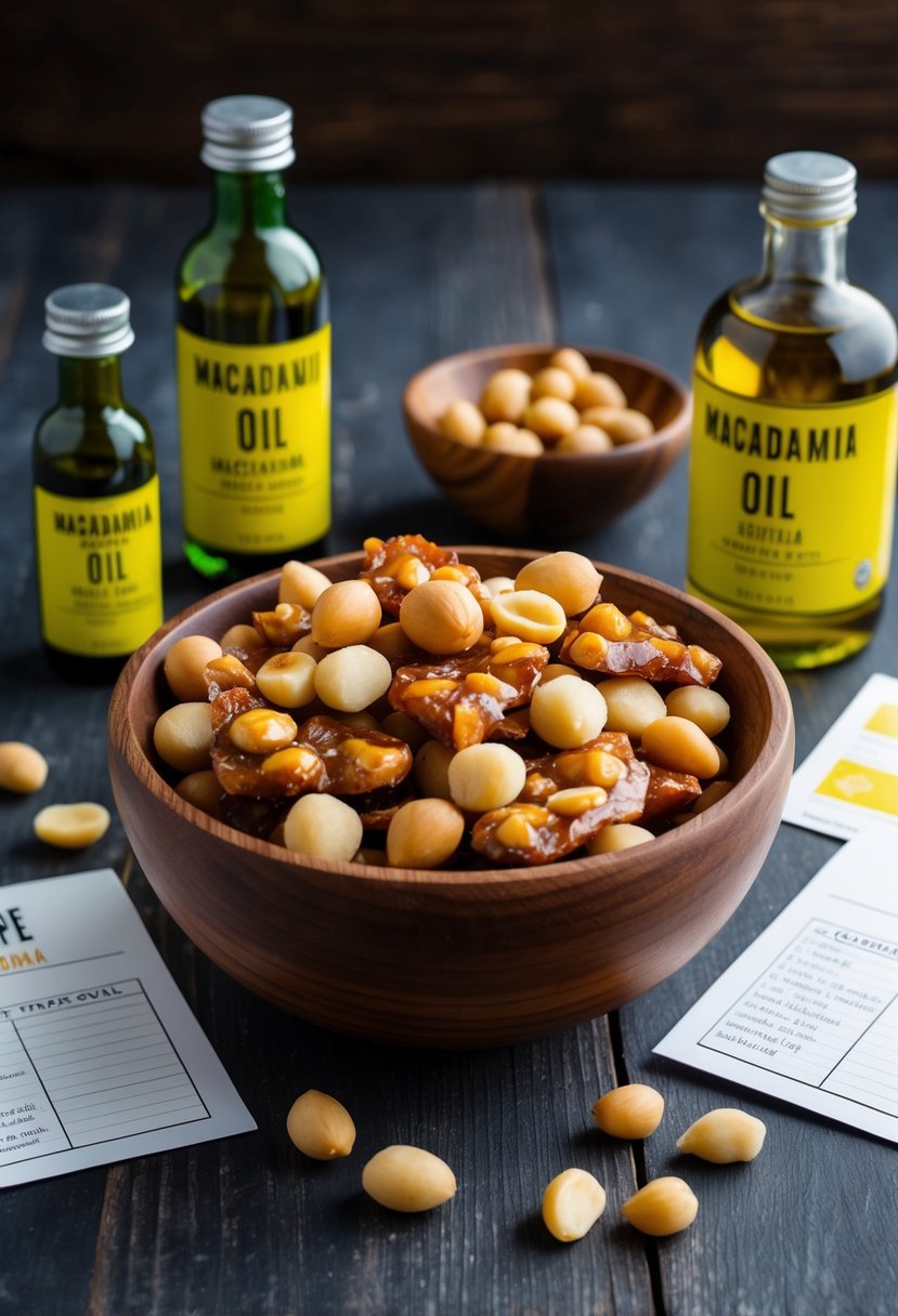 A wooden bowl filled with macadamia nuts and brittle, surrounded by bottles of macadamia oil and recipe cards