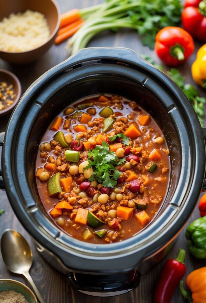 A crockpot filled with bubbling vegetarian chili, surrounded by colorful vegetables and spices