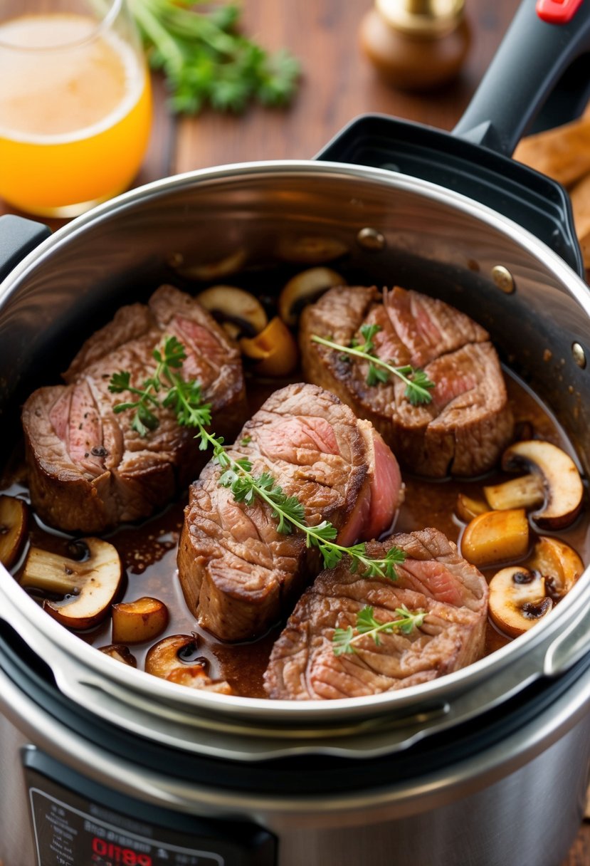 Juicy sirloin steak tips sizzling in a pressure cooker, surrounded by sautéed mushrooms and a savory sauce