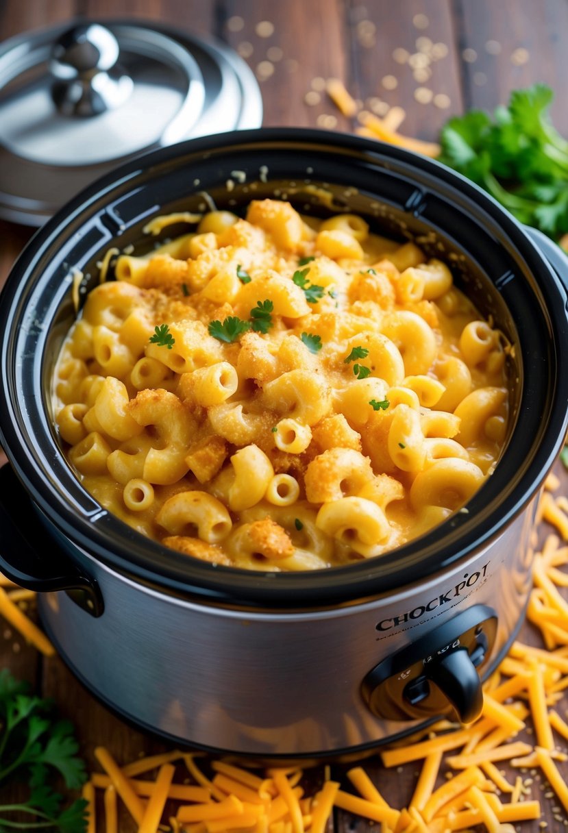 A bubbling crockpot filled with creamy mac and cheese, surrounded by scattered cheese shreds and a sprinkle of parsley