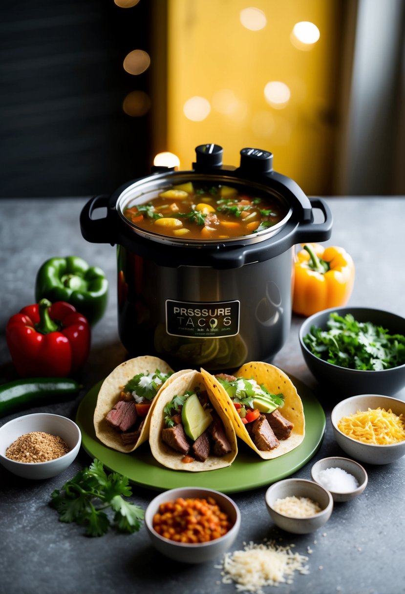 A pressure cooker surrounded by fresh ingredients for sirloin tacos