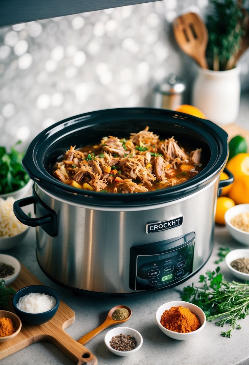 A crockpot filled with savory pulled pork, surrounded by spices, herbs, and fresh ingredients on a kitchen countertop