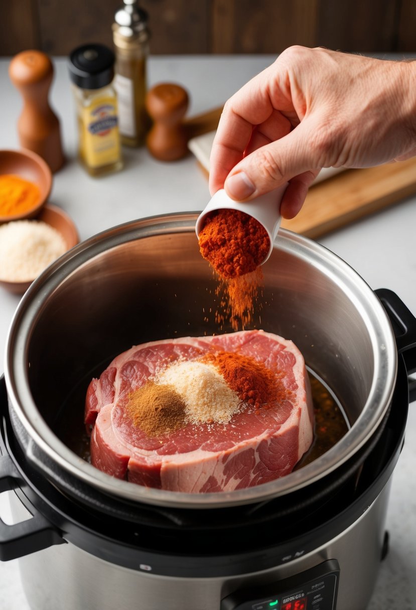 A sirloin steak being seasoned with Cajun spices and placed into a pressure cooker