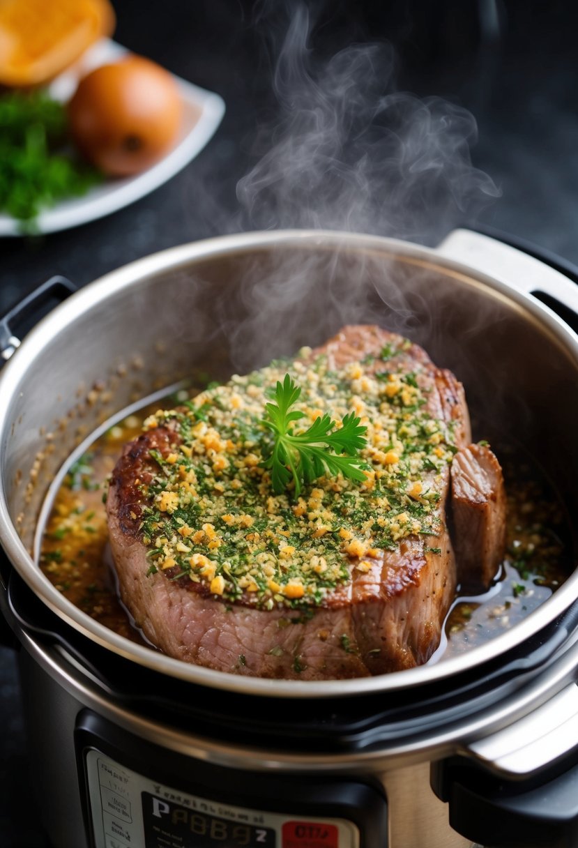 A juicy sirloin steak coated in a fragrant herb crust sizzling in a pressure cooker