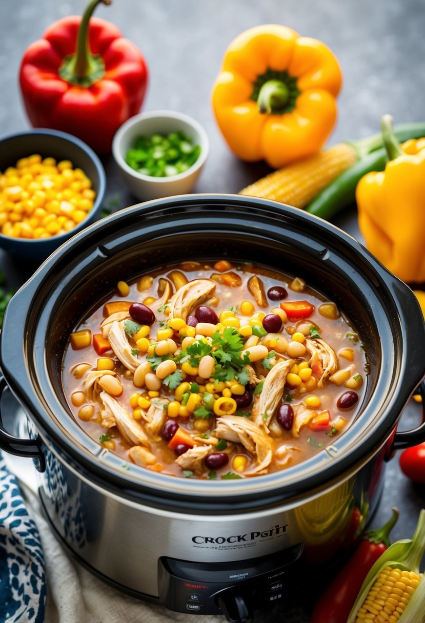 A crock pot filled with bubbling white chicken chili, surrounded by colorful ingredients like beans, corn, and peppers