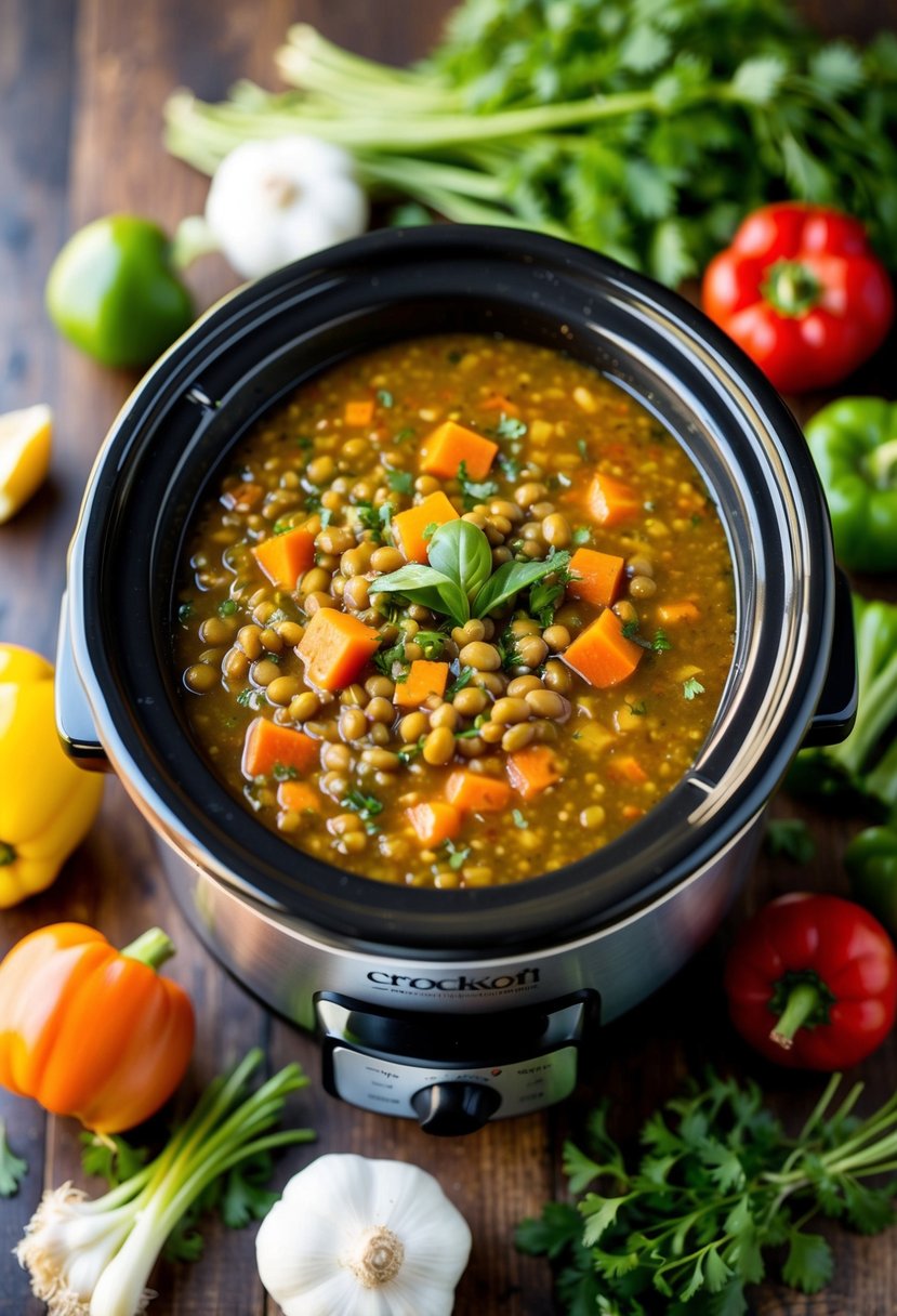 A bubbling crockpot filled with hearty lentil soup, surrounded by fresh vegetables and herbs