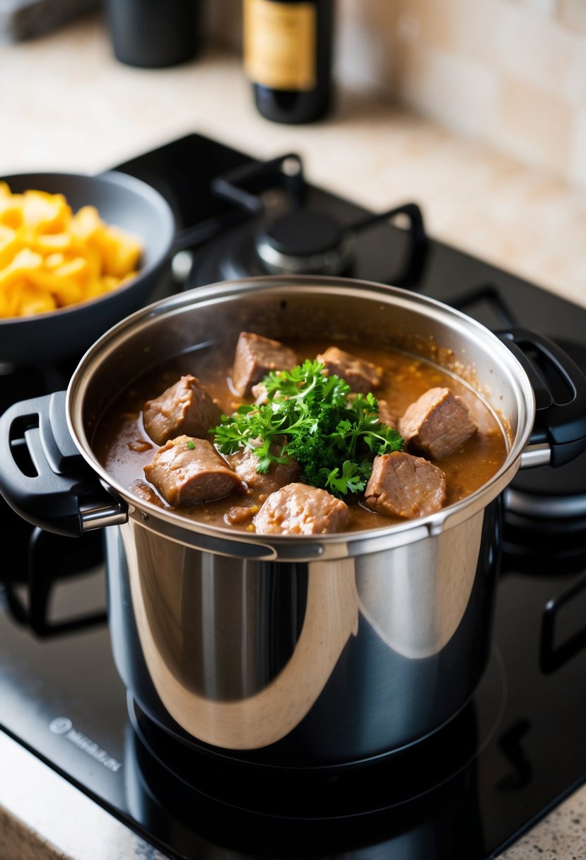 A pressure cooker filled with sirloin stroganoff simmering on a stovetop