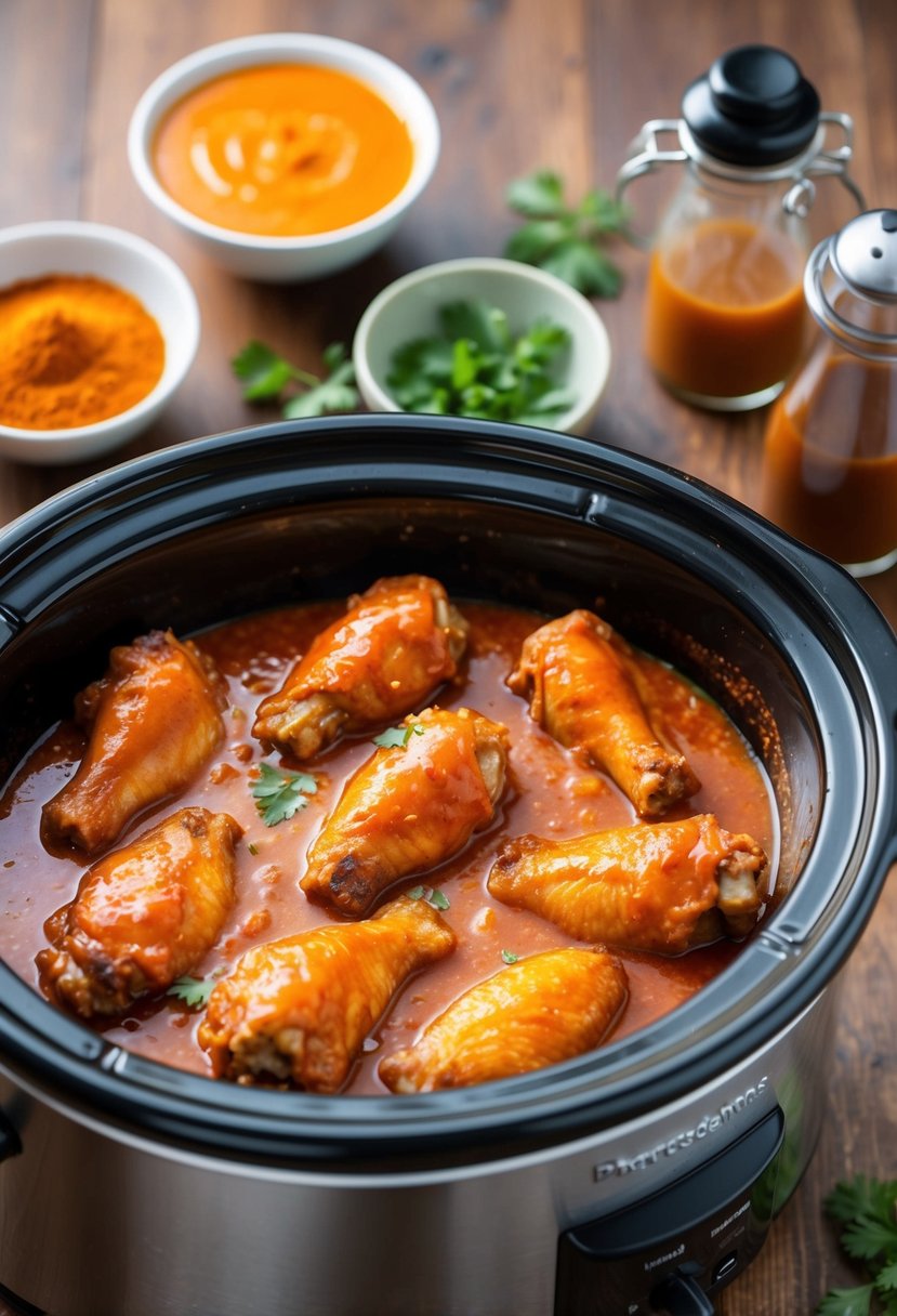 Buffalo wings simmer in a slow cooker, surrounded by bubbling sauce and aromatic spices