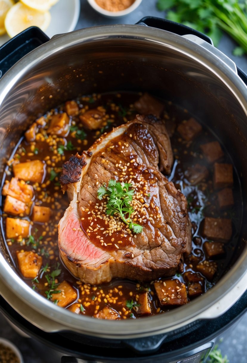 A sizzling sirloin steak cooks in a pressure cooker, surrounded by a flavorful teriyaki sauce and aromatic herbs and spices