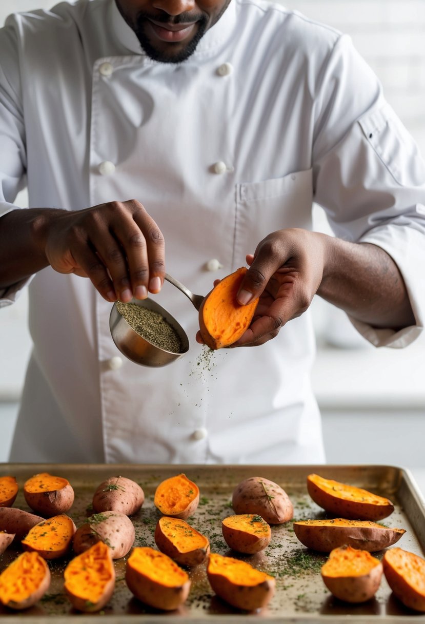 A chef seasoning and roasting sweet potatoes with herbs and spices on a baking sheet