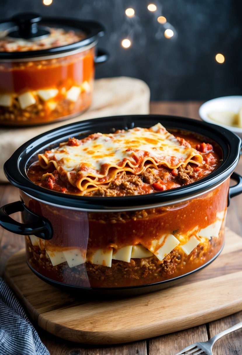 A bubbling crockpot filled with layers of lasagna noodles, rich tomato sauce, savory meat, and gooey melted cheese