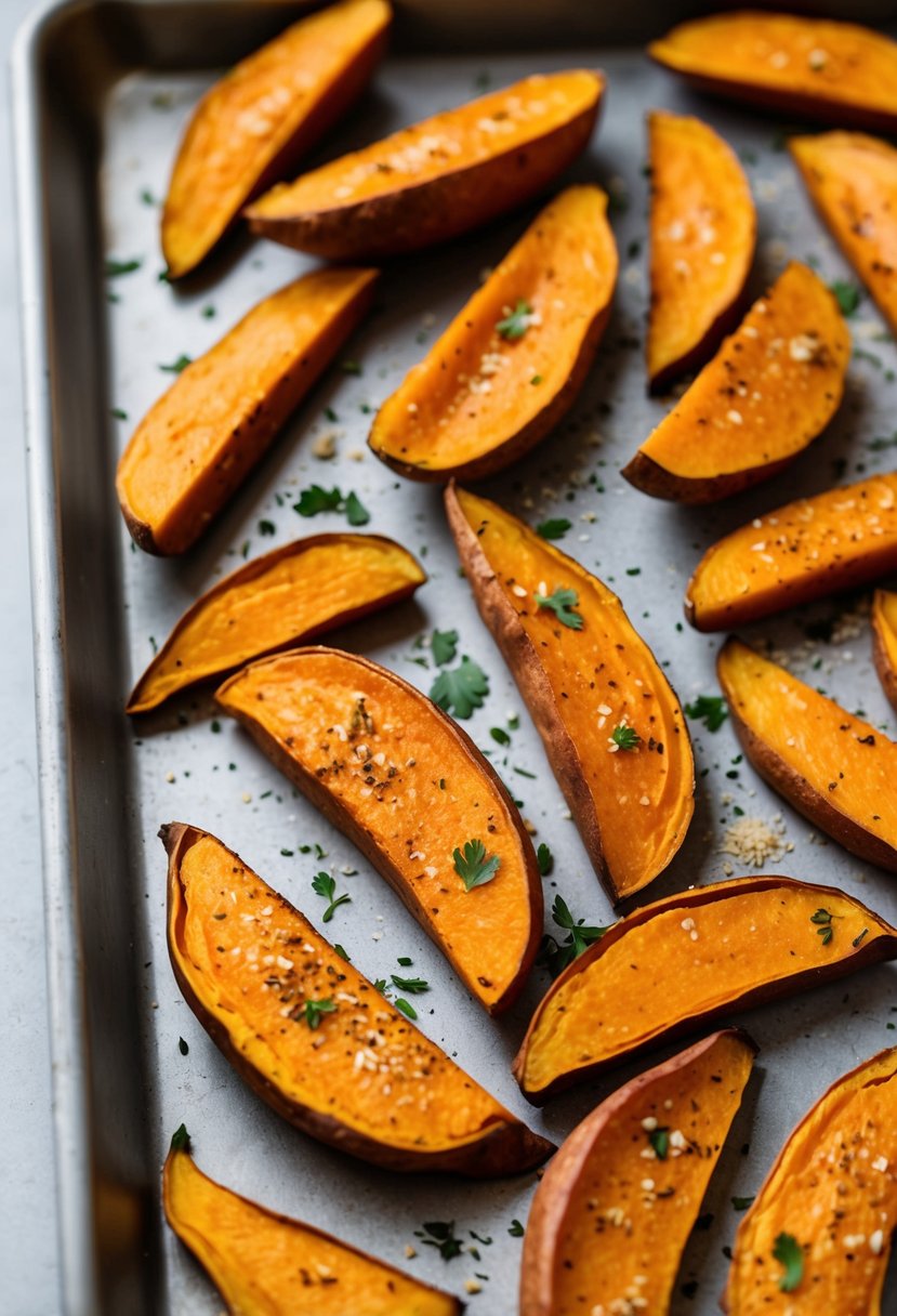 A tray of golden brown sweet potato wedges sprinkled with savory spices and herbs