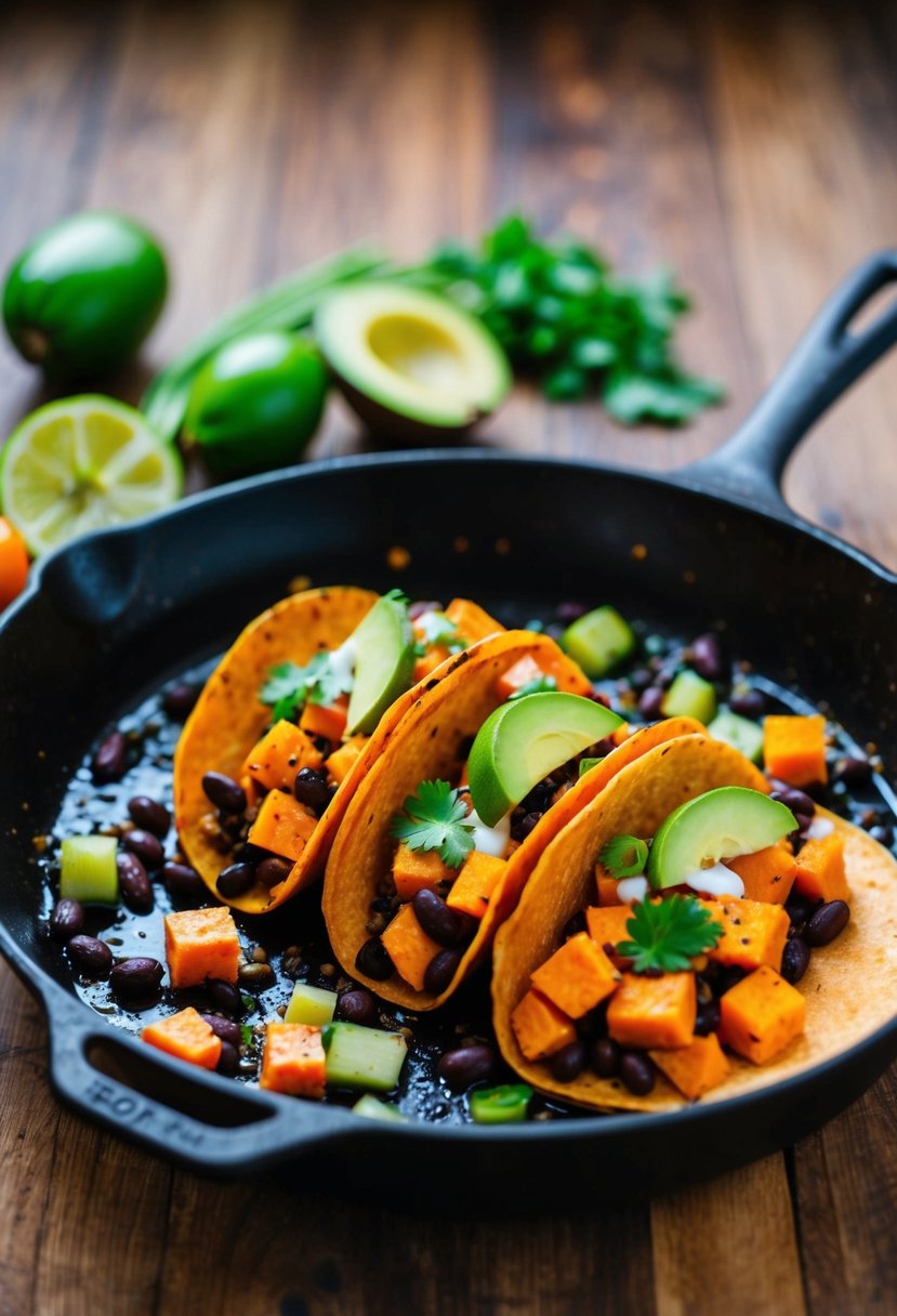 A sizzling skillet of sweet potato and black bean tacos, with colorful vegetables and savory seasonings, ready to be served