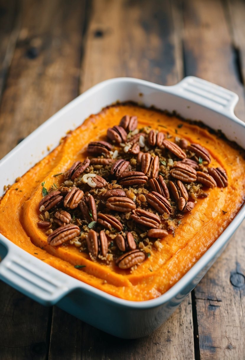 A bubbling sweet potato casserole, topped with a golden layer of savory pecans and herbs, sitting on a rustic wooden table