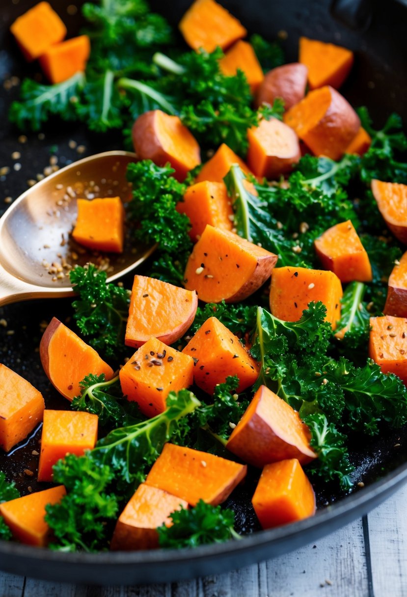 A sizzling skillet with colorful chunks of sweet potato and vibrant green kale being tossed together with savory seasonings