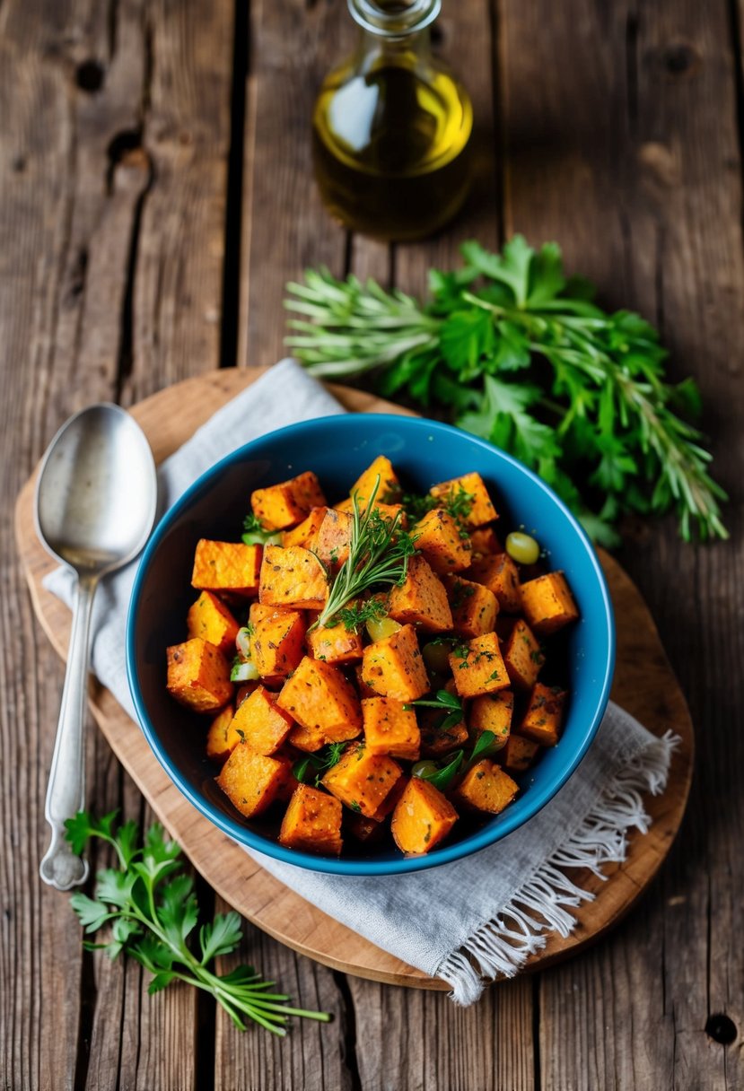 A rustic wooden table with a bowl of roasted sweet potato salad surrounded by fresh herbs, olive oil, and seasonings