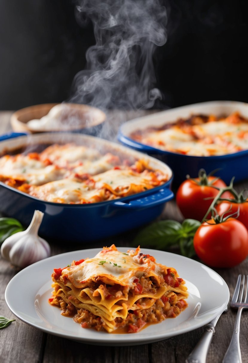 A table set with a steaming dish of crab lasagna surrounded by fresh ingredients like tomatoes, basil, and garlic