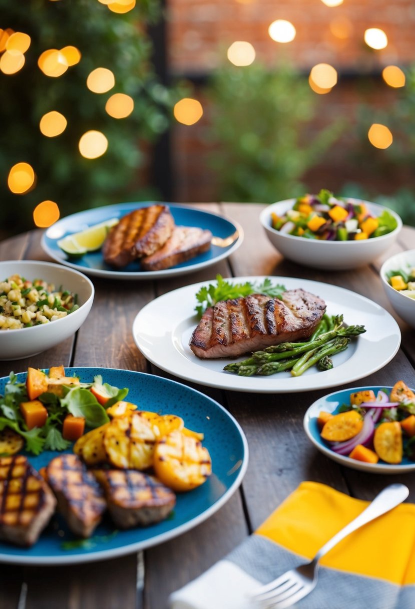 A table set with various keto-friendly savory dishes, including grilled meats, roasted vegetables, and a colorful salad