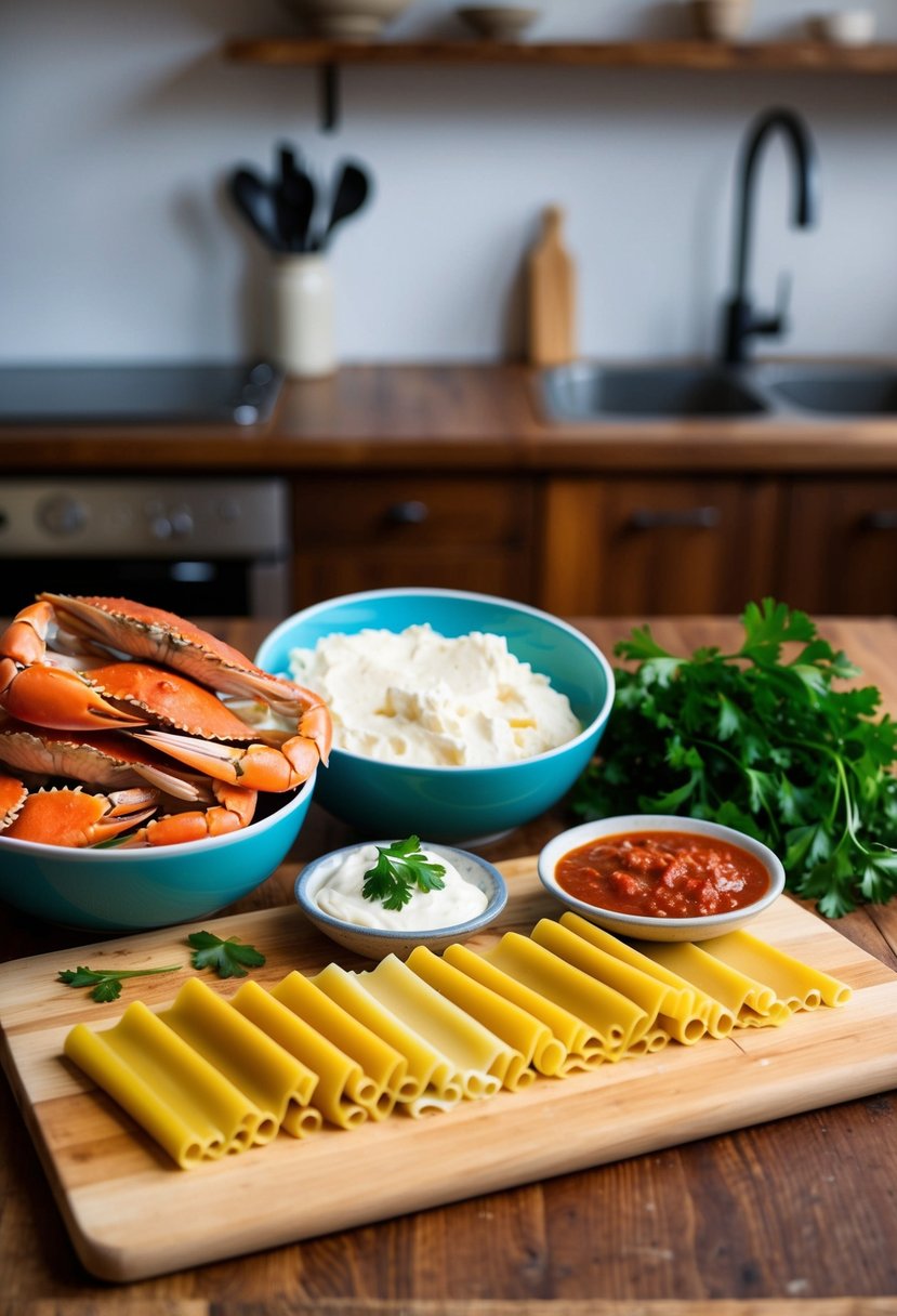 A rustic kitchen counter with ingredients for crab lasagna: fresh crab, lasagna noodles, ricotta cheese, marinara sauce, and a sprinkle of parsley