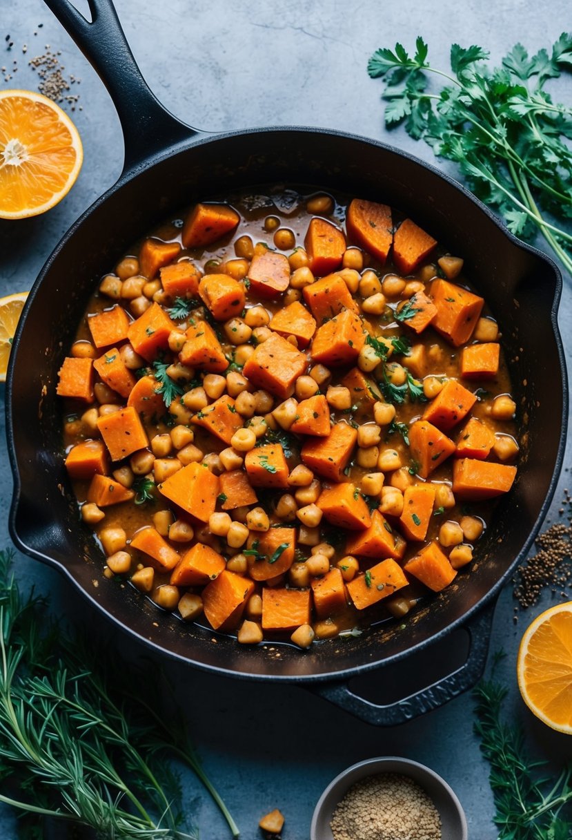 A skillet filled with diced sweet potatoes and chickpeas sizzling in a savory sauce, surrounded by colorful herbs and spices