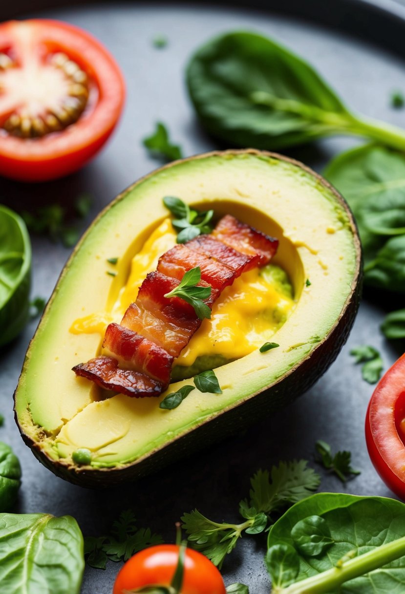 A halved avocado filled with cheesy bacon, surrounded by keto-friendly ingredients like spinach, tomatoes, and herbs