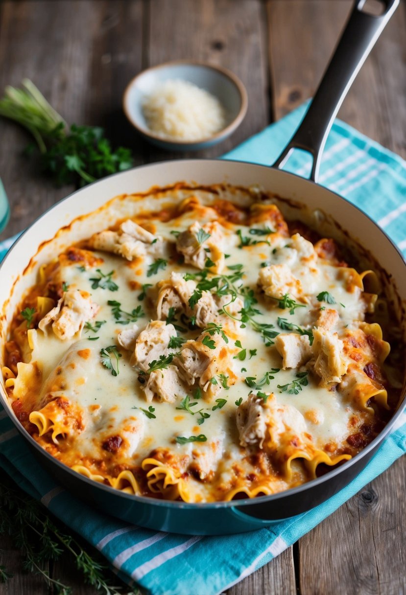 A bubbling pan of creamy white sauce crab lasagna, topped with melted cheese and fresh herbs, sitting on a rustic wooden table