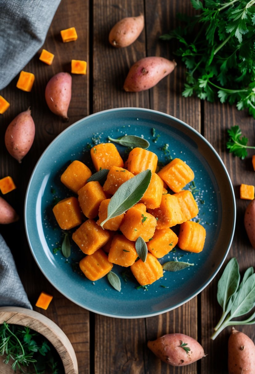 A rustic wooden table set with a plate of sweet potato gnocchi topped with sage leaves, surrounded by scattered sweet potatoes and fresh herbs