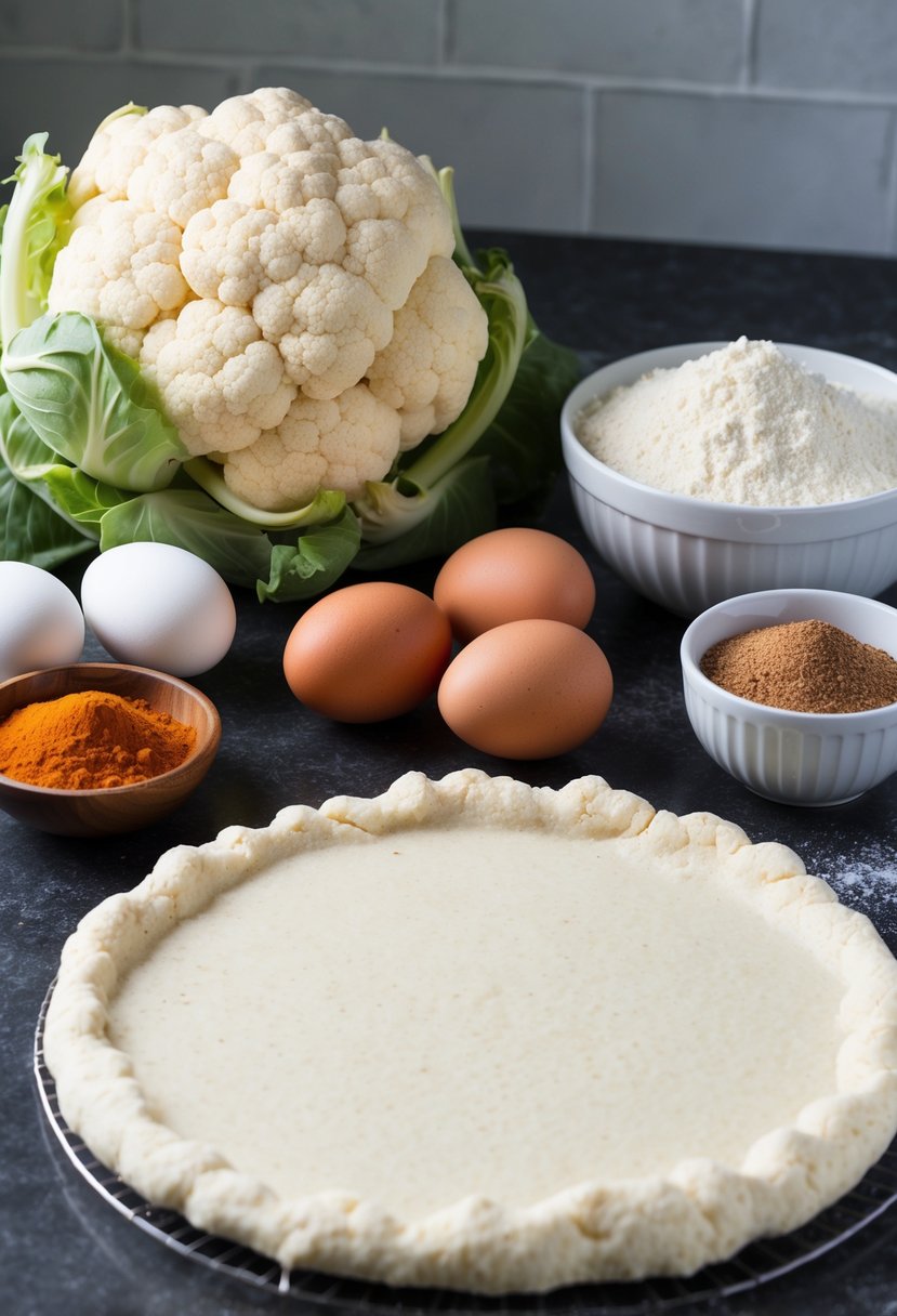 Fresh cauliflower, almond flour, eggs, and spices arranged on a kitchen counter, ready to be mixed and pressed into a pizza crust