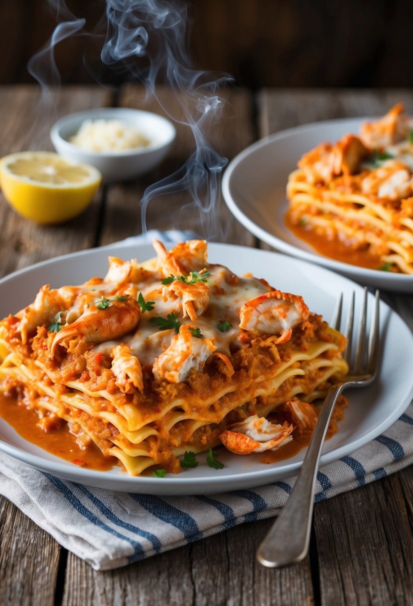 A steaming dish of Spicy Cajun Crab Lasagna being served on a rustic wooden table. Rich layers of pasta, creamy sauce, and succulent crab filling