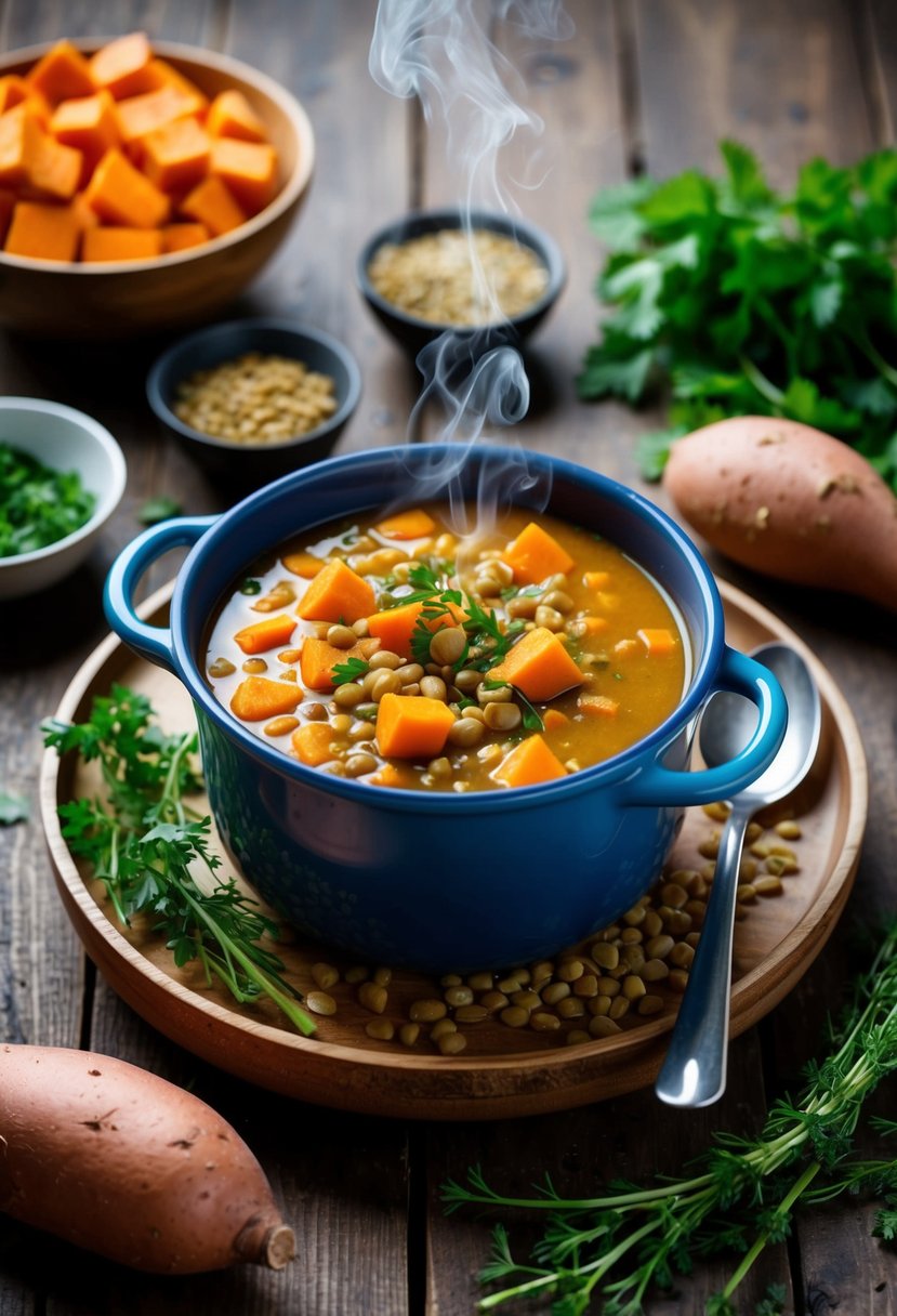 A steaming pot of sweet potato and lentil soup surrounded by fresh ingredients and herbs on a rustic wooden table