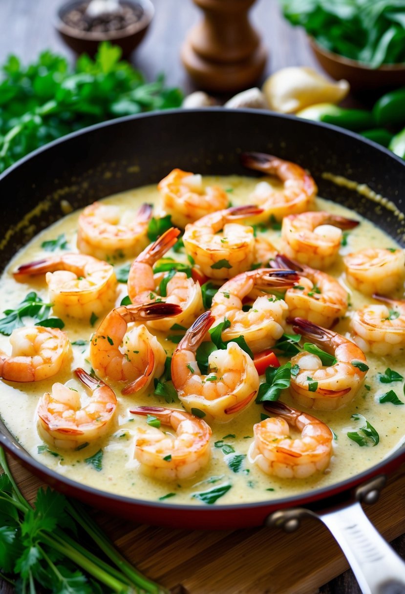 A sizzling skillet of plump shrimp bathed in a creamy garlic Tuscan sauce, surrounded by vibrant green herbs and colorful vegetables