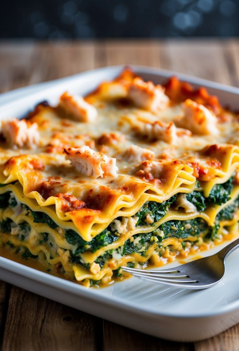 A golden-brown lasagna dish, filled with layers of spinach and crab meat, topped with a rich and creamy sauce