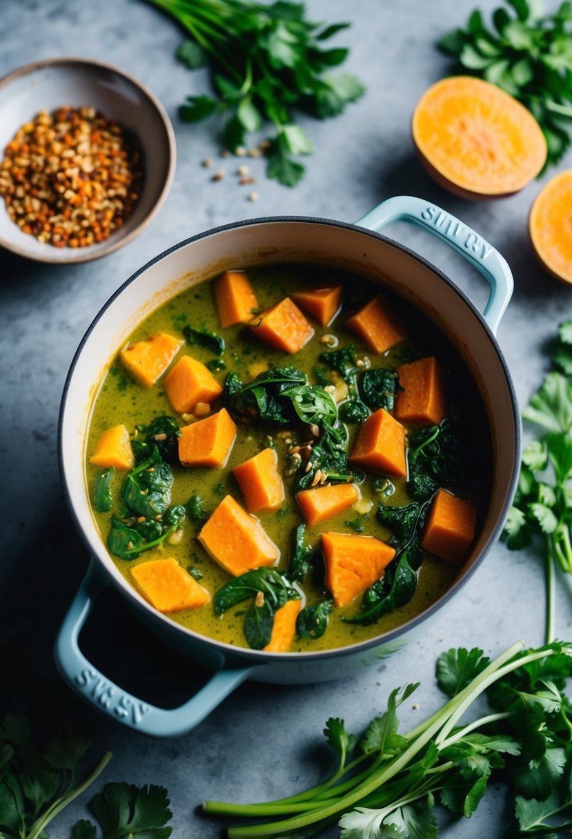 A bubbling pot of sweet potato and spinach curry, surrounded by vibrant spices and fresh herbs