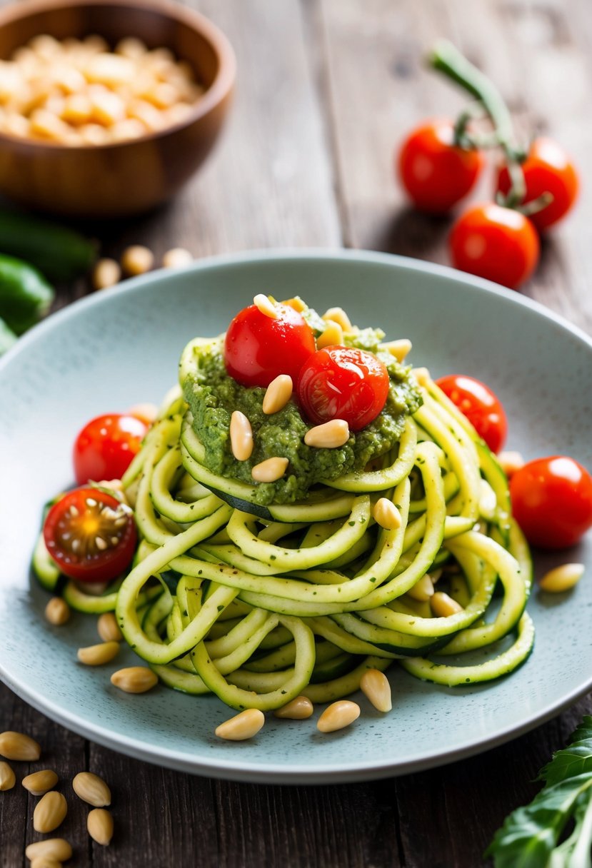 A plate of zucchini noodles topped with pesto sauce, garnished with pine nuts and cherry tomatoes, set on a rustic wooden table