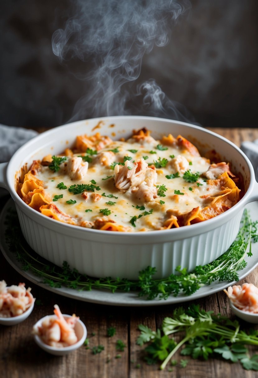 A steaming dish of crab alfredo lasagna surrounded by fresh herbs and a scattering of crab meat