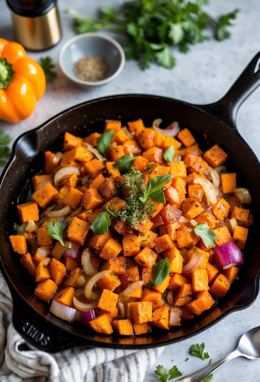 A sizzling skillet of savory sweet potato hash with colorful peppers and onions, topped with fresh herbs and spices