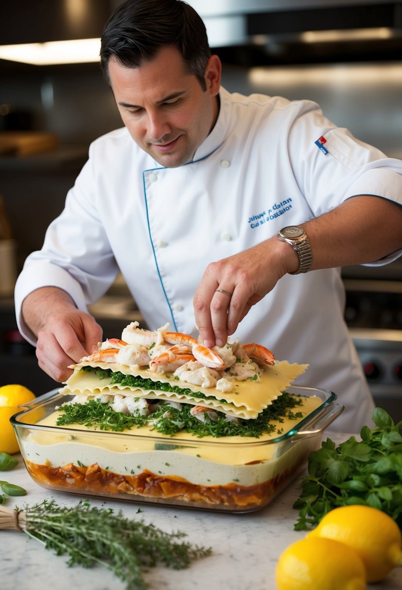 A chef preparing layers of crab, herbs, and lemon-infused lasagna sheets in a baking dish