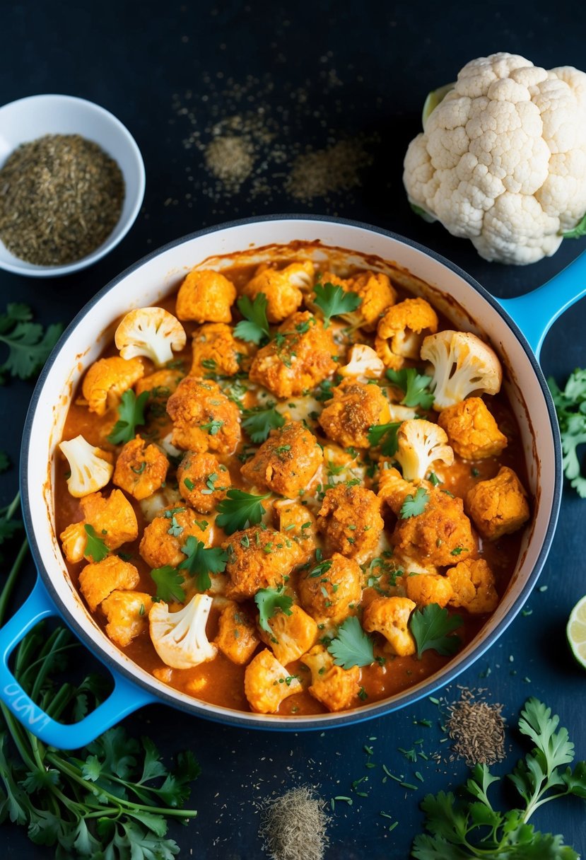 A sizzling casserole dish filled with buffalo chicken and cauliflower, surrounded by scattered spices and herbs