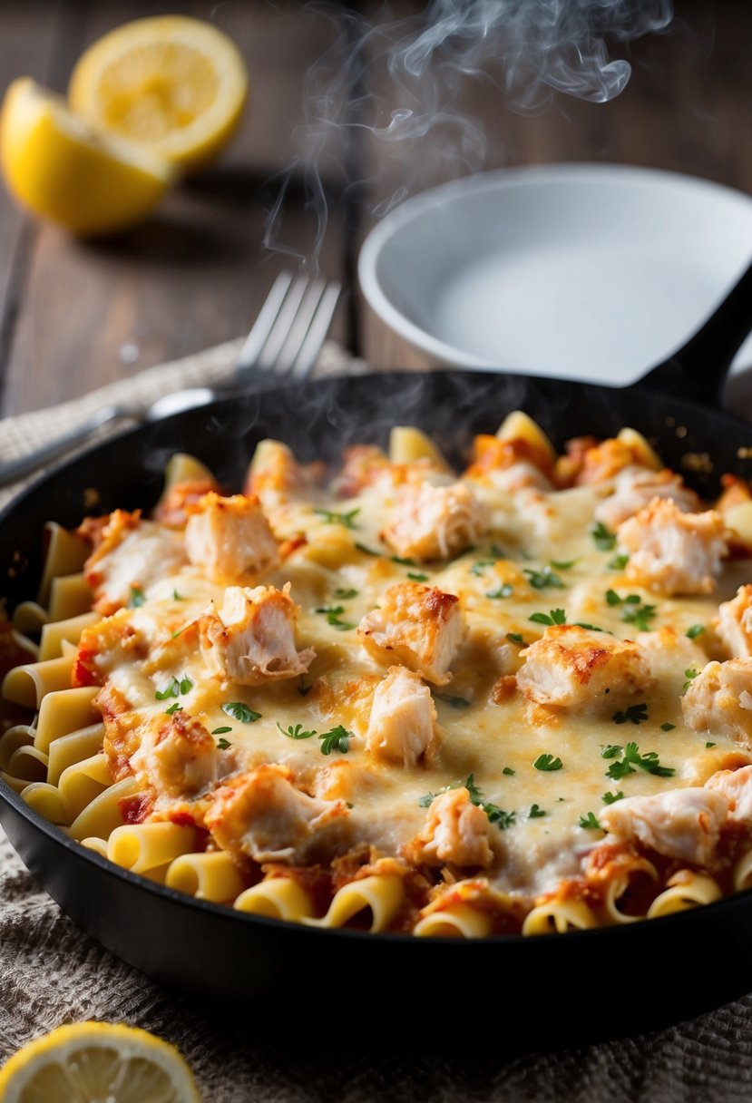 A steaming pan of garlic butter crab lasagna, with layers of pasta, creamy sauce, and chunks of succulent crab meat, topped with a golden brown crust