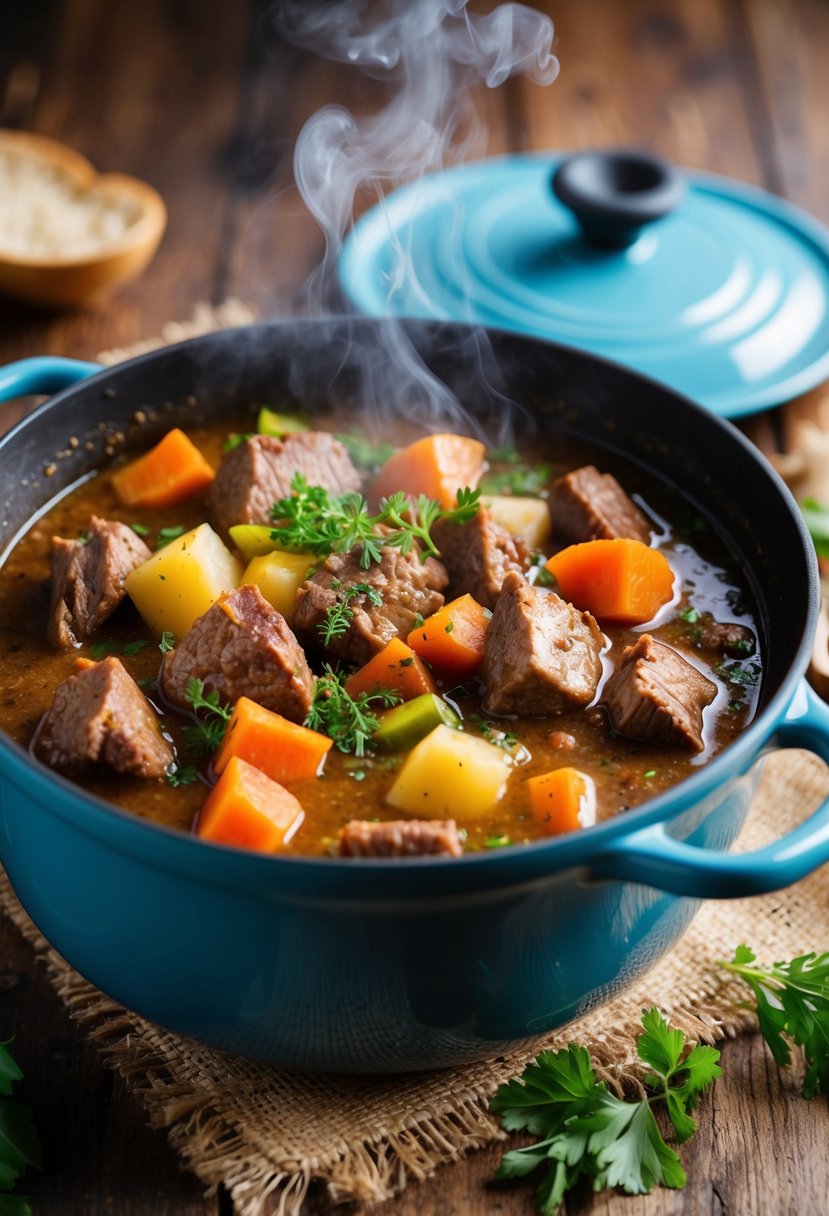 A steaming pot of savory keto beef stew, filled with chunks of tender meat, colorful vegetables, and aromatic herbs, sits on a rustic wooden table