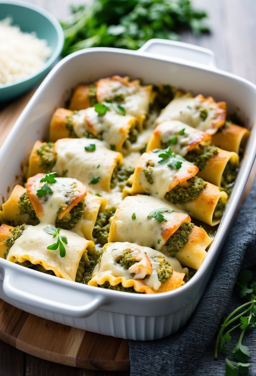 A white baking dish filled with pesto crab lasagna rolls, topped with melted cheese and garnished with fresh herbs