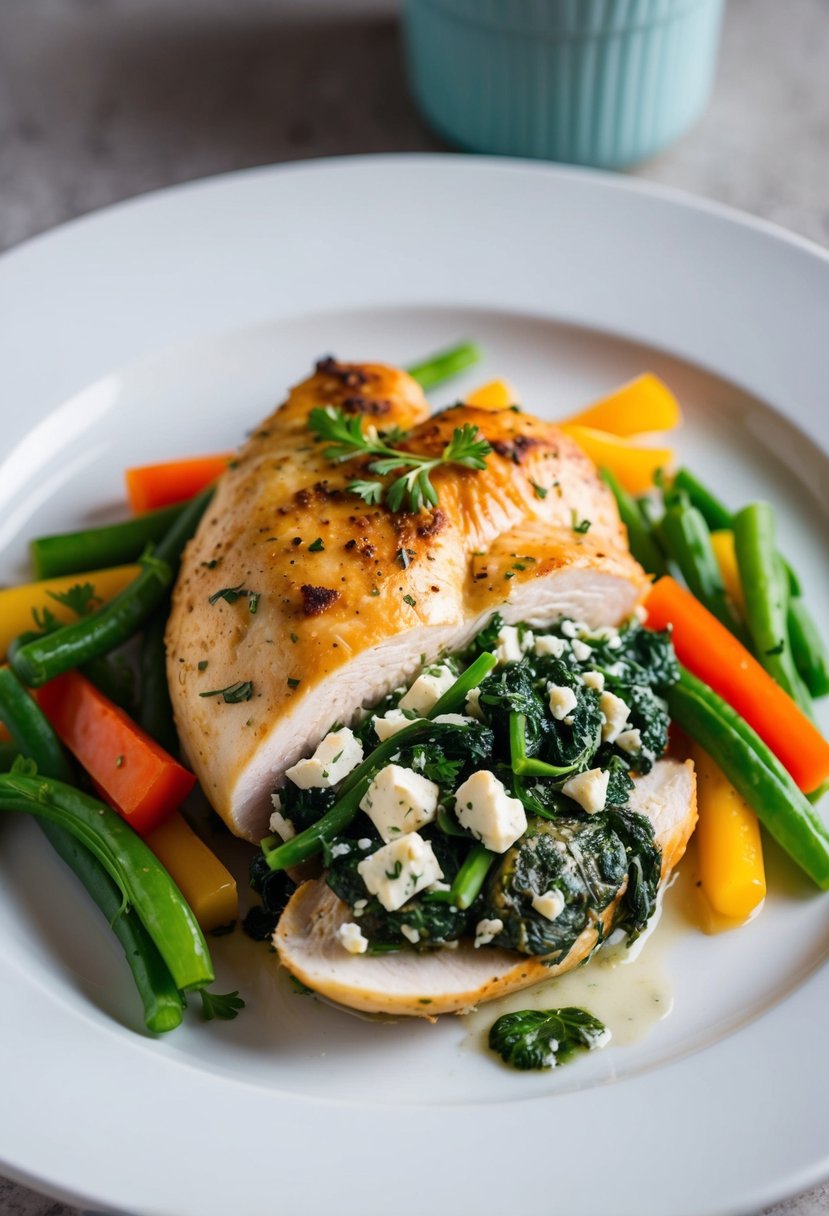 A plump chicken breast stuffed with spinach and feta, surrounded by colorful low-carb vegetables on a clean white plate