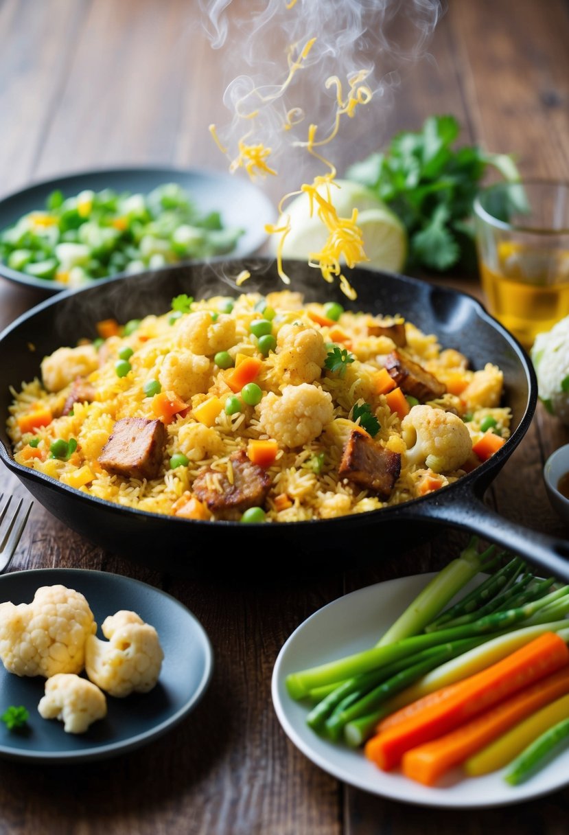 A sizzling skillet of cauliflower fried rice with pork and assorted vegetables, emitting a mouthwatering aroma