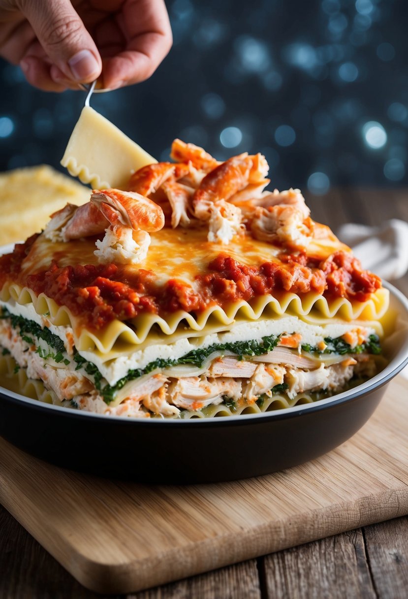 A crab lasagna being prepared with layers of ricotta cheese, crab meat, and pasta, topped with a rich tomato sauce and melted cheese