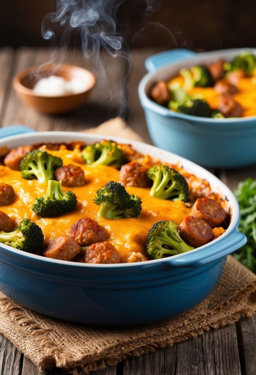 A steaming casserole dish filled with spicy sausage, broccoli, and melted cheese, sitting on a rustic wooden table