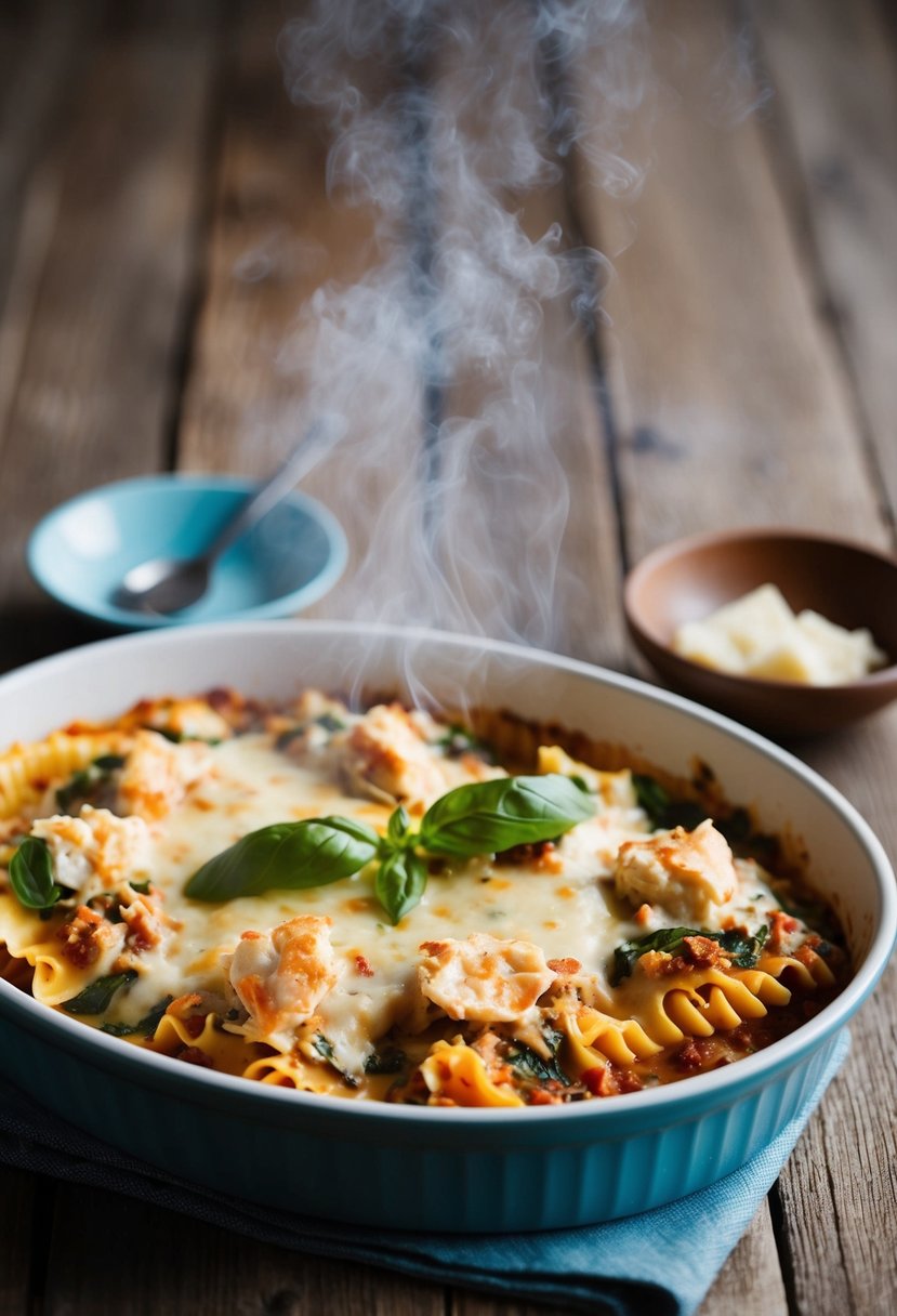 A steaming dish of basil and crab lasagna, with layers of creamy white sauce and golden-brown cheese, sits on a rustic wooden table