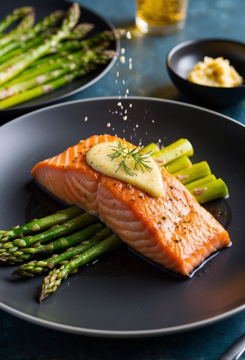 A sizzling salmon fillet drizzled with garlic butter and surrounded by vibrant green asparagus spears on a sleek, modern plate