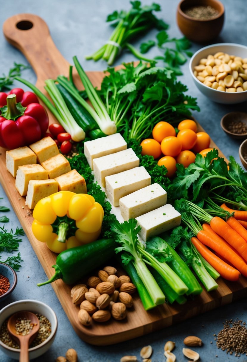 A colorful array of fresh vegetables, tofu, and nuts arranged on a wooden cutting board, with a variety of herbs and spices scattered around