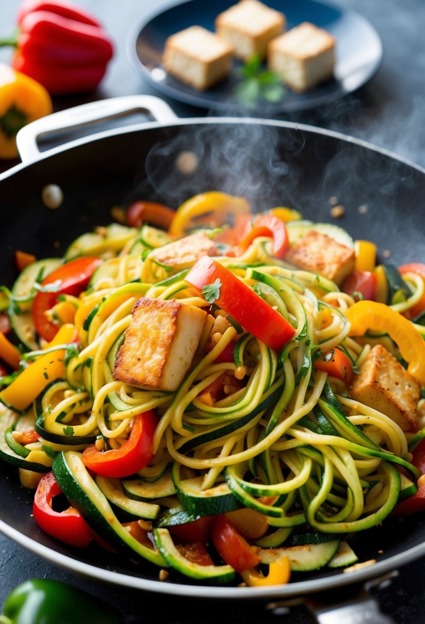 A colorful array of zucchini noodles, bell peppers, and tofu stir-frying in a sizzling pan, emitting mouthwatering aromas